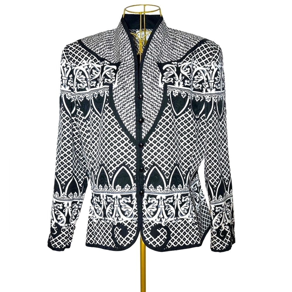Adrianna Papell Silk Black, White, and Gray Button Front Blazer, Size L (14)